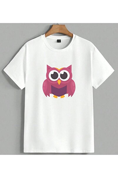 ELFERA Pink Owl Illustration Sirin Printed Unisex Oversize T-Shirt White