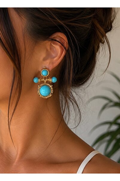 ANKA JEWELLRY Women's Steel Gold Color Turquoise Stone Detail Hanging Earring...
