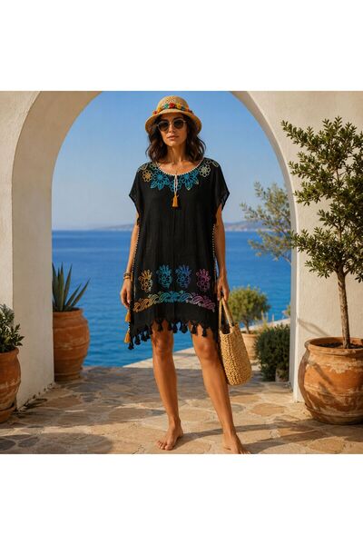 BIJUTERI Par-13048 Black Color Floral Patterned Beach Dress & Pareo |   Eos C...