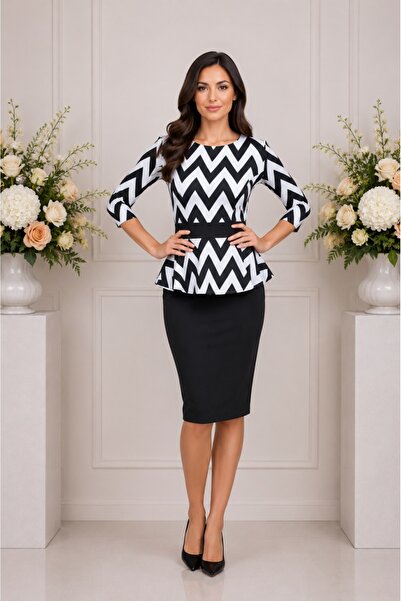 OEM Rochie de ocazie tip costum cu elastic si peplum in talie, negru-alb