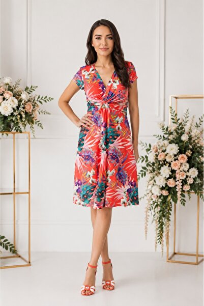 OEM Rochie comoda de zi , decolteu in V fronsat, tonuri multicolore, fundal c...