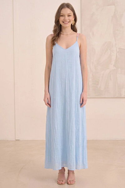 bysoca Women's Blue Crinkle Linen Textured Rope Strap Bohemian Long Dress Max...