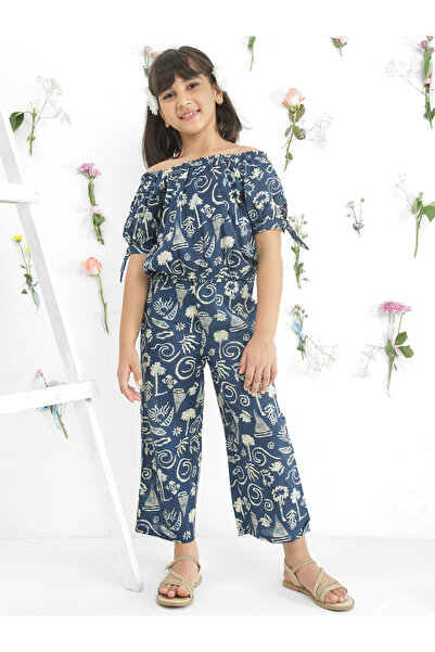 Globus By Styli Girls Blue Off Shoulder Abstract Print Top with Pants Set