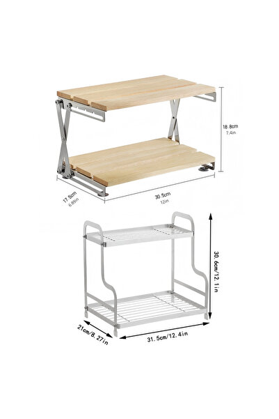 HT Home Organizers منظم توابل معدني أبيض بطبقتين + رف توابل خشبي قابل للطي