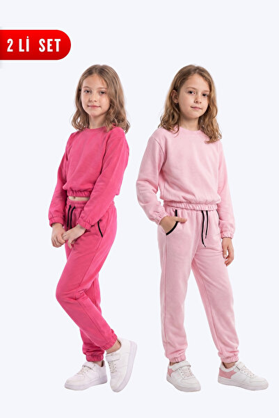 FYK KİDS 2-Piece Round Neck, Elastic Waist, Cropped Cut, 4-Piece Girls' Top a...