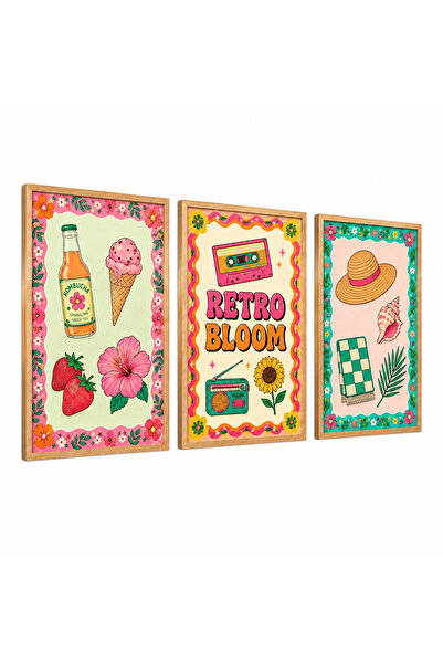 D&D Retro Bloom 3’lü Dekoratif Meşe Çerçeveli Tablo Seti