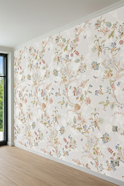 dreamwall Pastel Çiçekli, Dal ve Kelebek Motifli Tek Parça Tekstil Duvar Kağıdı