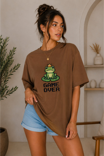 FECCY Premium Game over Printed Oversize Women's T-Shirt Cotton Oversize T-Shirt