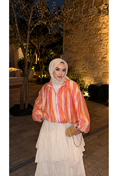 fera butik Women's Orange Pink Striped Balloon Sleeve Oversize Bomber Jacket