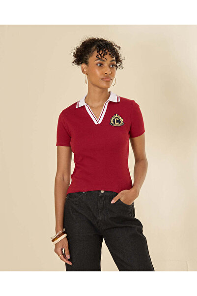 REDTAG Women Burgundy Contrast Collar Active T-Shirt