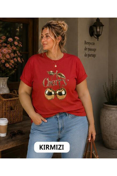 3S MODA Women's Plus Size Basic Cherry Digital Printed T-Shirt