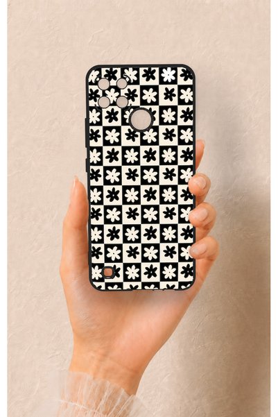 Vip Case Realme C21Y Compatible Flower Motif Checkered Pattern Silicone Case