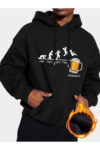 WESTİMO Men's Black Beer Printed 3 Thread Hooded Hoodie Sweatshirt