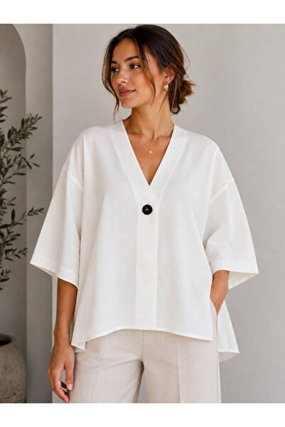 MAESTRO WOMAN Women's White Single Button Oversize Three-Quarter Sleeve Tence...