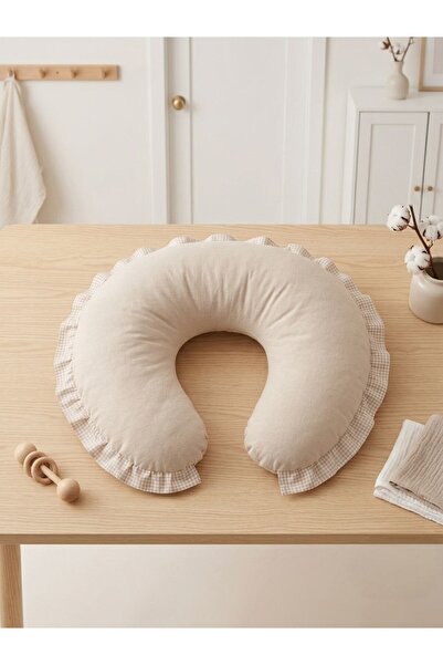 Babynest Ortopedik Fırfırlı ve baş yastık ve Fırfırlı emzırme yastığı takım Ekose Bej