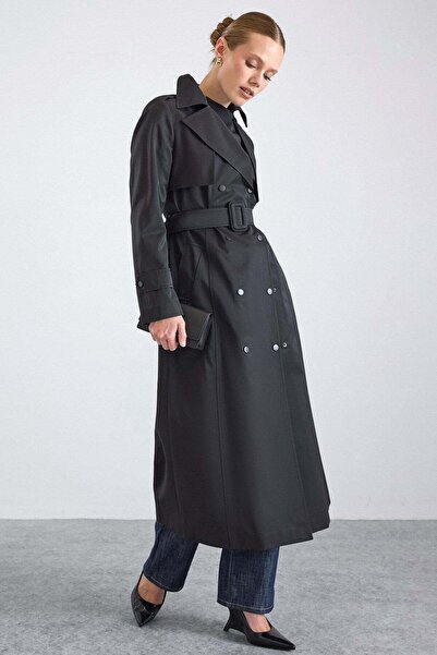 Olcay Cape Detailed Snap Closure Water Repellent Trench Coat Black 6871