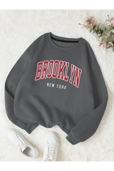 WESTİMO Unisex Smoked Brooklyn New York Printed Crew Neck Oversize Sweatshirt
