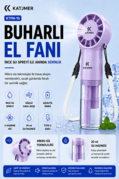 KATJMER KTFN-10 Buharlı Sulu El Fanı, 4 Kademeli Şarjlı Mini Vantilatör, İnce...