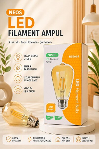 Neos ST64 LED Filament Ampul 6W 2700K Sıcak Beyaz Işık 600 Lümen Amber Cam E2...