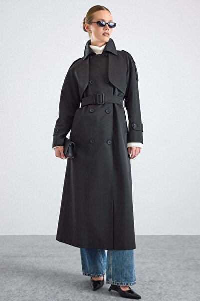 Olcay Long Trench Coat with Cape and Epaulette Detail, Button Accessories, Wa...
