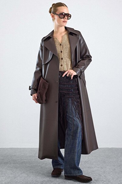 Olcay Leather Trench Coat with Cape Detail and Snap Closure Brown 6875
