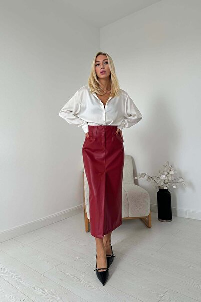Moda Days تنورة نسائية متوسطة الطول باللون العنابي ذات خصر مرتفع وفتحة مزخرفة...