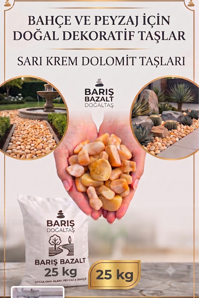 Barış bazalt doğaltaş Premium Sarı Krem Dolomit Taşı 25 KG- 1-2 cm Boyutların...