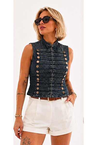 ibeeka - Vestă din denim premium cu închidere Agraf și detalii accesorii meta...