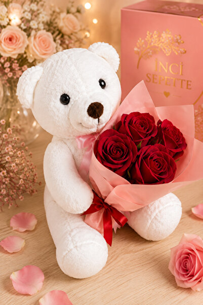 İNCİ sepette Velvet 5-Piece Bouquet of Roses and Teddy Bear
