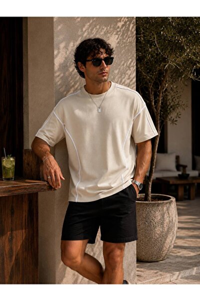 İLKCET MODA Men's Oversize Stripe Detailed Crew Neck Basic T-Shirt