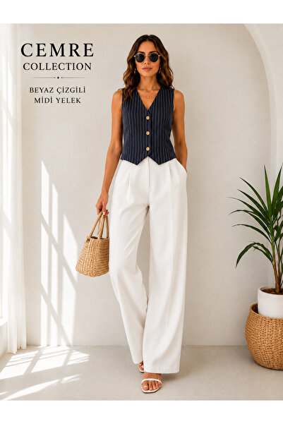 Cemre Collection Bezayağı kumaşdan Beyaz çizgili minimal yelek