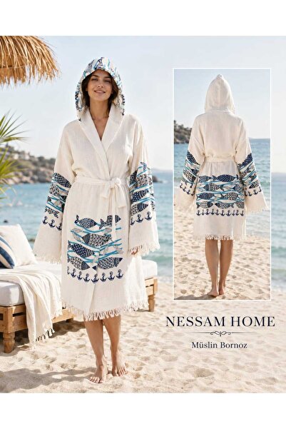Nessam NESSAMHome %100 Pamuk Müslin Kapüşonlü Mavi Balık Desenli Plaj Bornozu...