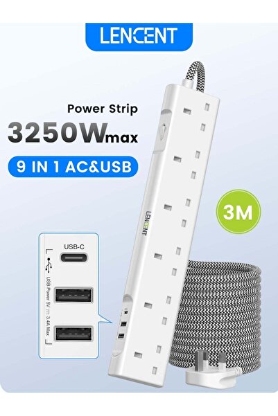 LENCENT وصلة تمديد طاقة عالمية من 3M مع منافذ USB، شريط طاقة متعدد الاستخداما...