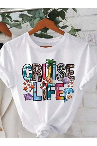 23ERVA Women "Cruise Life" Vibe Letter Print Short Sleeve Crew Neck Summer Sh...
