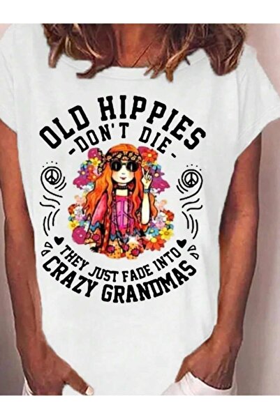 9TAY Women's "Old Hippies Don't Die" Retro Graphic T-Shirt, Crew Neck Tee, Wh...