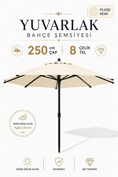 Düvenci Alubrella Fildişi Renk Yuvarlak 250 cm çap/8 çelik tel Bahçe,Güneş Şe...
