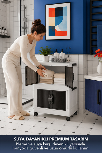 Lavine ”MEDIUM” 2 Katlı Portatif Tekerlekli Organizer Dolap Beyaz 30 LT Mıknatıslı Kapaklı Katlanır Çok Amaçlı
