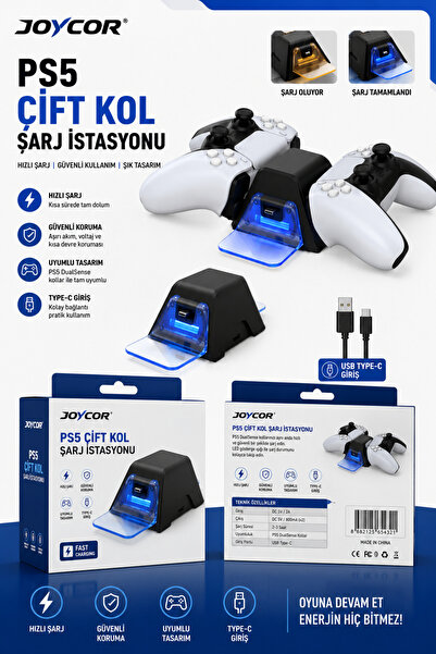 JOYCOR PS5 DualSense Çift Kol Şarj İstasyonu | Hızlı Şarj Dock Standı USB Typ...