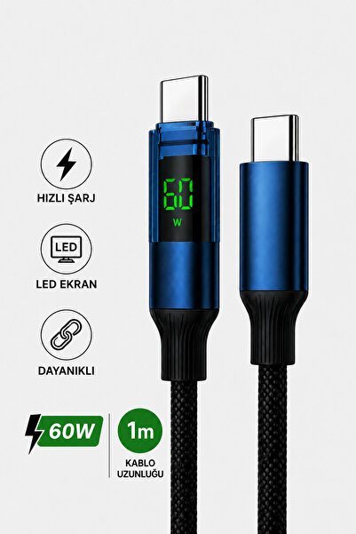 Abbruch 60W Type-C to Type-C LED Göstergeli Hızlı Şarj ve Veri Aktarım Kablos...