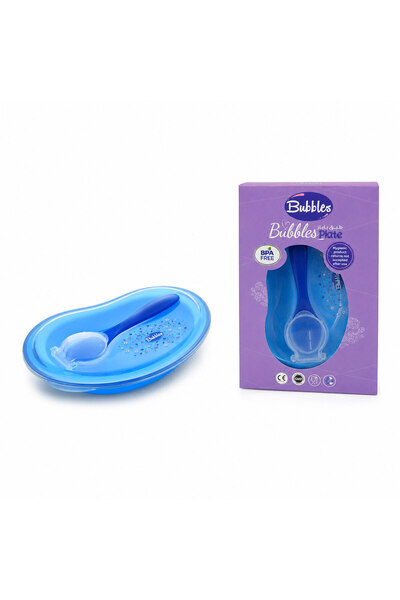 Bubbles بابلز طبق طعام للأطفال مع غطاء محكم وملعقة، مناسب للميكروويف وغسالة ا...