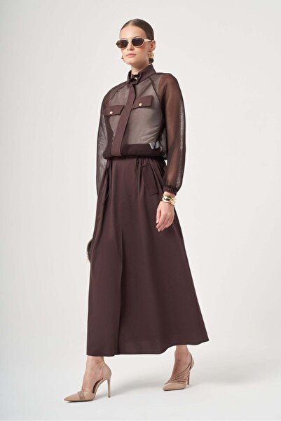 FTZ WOMEN Women's Mesh Detail Skirt Suit Brown 31448