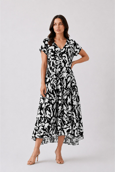 Sibel Günay Butik Picasso Patterned 120 cm Cotton Viscose V-Neck Cut Dress | ...
