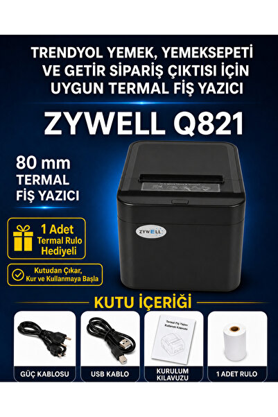 Zywell Q821 80 mm USB + Ethernet Otomatik Kesicili Termal Fiş ve Adisyon Yazı...
