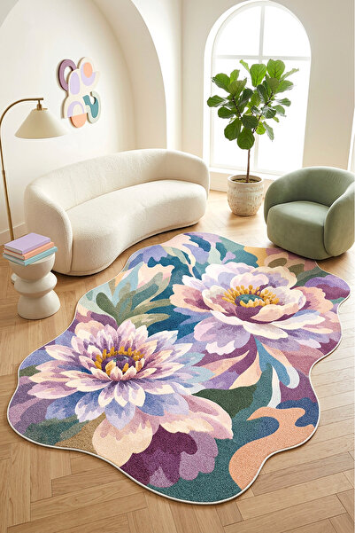 Decomia Home Dijital Kaymaz Yıkanabilir Renkli Çiçekli Salon Halısı Mutfak Ha...