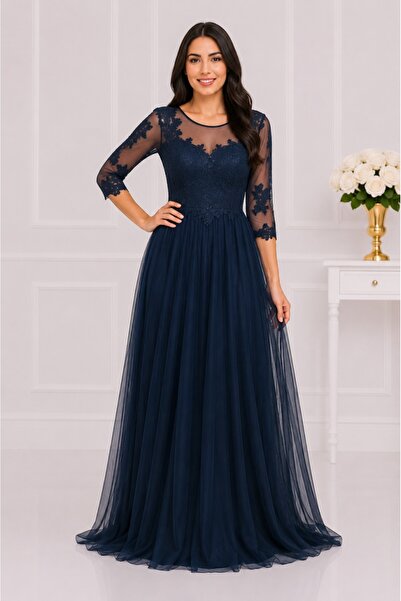 OEM Rochie rafinata din tul stratificat cu aplicatii de dantela, bleumarin