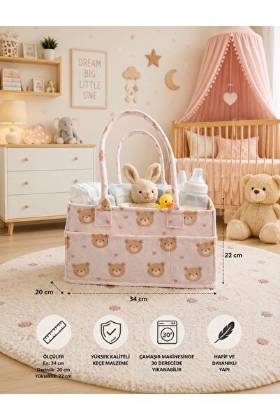 Certivari Pembe ayı Desenli Keçe Bebek Organizer Çantası 34x20x22 cm – Bölmeli Bebek Bakım Çantası, Bebek Bezi Düzenleyici, Taşınabilir Anne Bebek Organizer