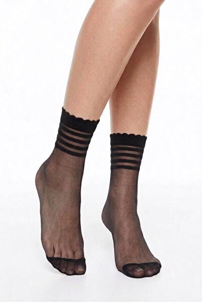 DÜVEN Women's Black Ruffle Elastic Striped Tulle Socks - Transparent Thin Socks