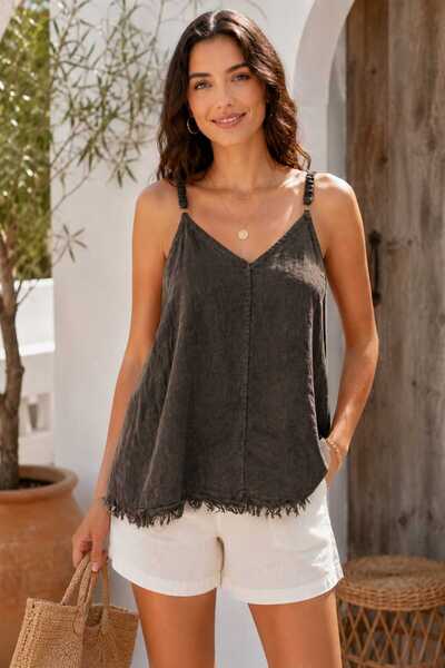 Butik Şans Women's V-Neck Adjustable Strap Tasseled Raw Edge Italian Linen Bl...