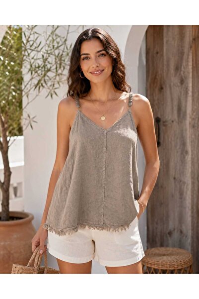 Butik Şans بلوزة نسائية من الكتان الإيطالي بياقة على شكل حرف V وحزام قابل للت...
