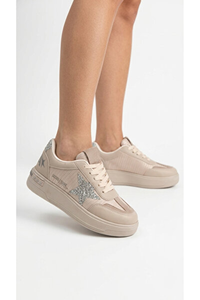 Limeo Women's Shiny Star Detailed Beige Sole Casual Lace-Up Sports Shoes Sneaker